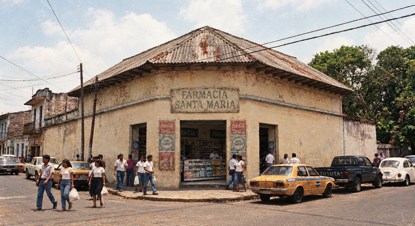 Fotografía histórica de la fachada de Farmacia Santa María en Mejicanos en 1987